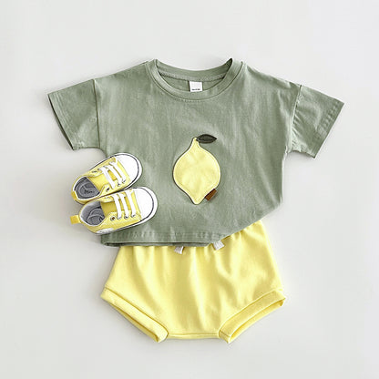 Baby & Toddler Fruit Appliqué Tee & Bloomer Shorts Set | Summer Cotton 2-Piece in Sage or Camel