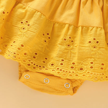Baby Girl Eyelet Lace Tie-Strap Romper Dress (Yellow or White)