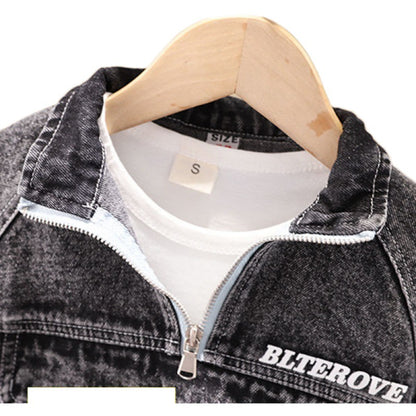 Boys Denim Two-Piece Outfit Set – Zip-Front Jacket & Jogger Pants