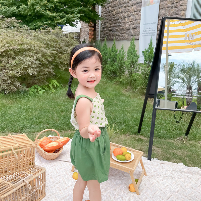 Toddler Girl Green Daisy Cami Top & Solid Shorts Set