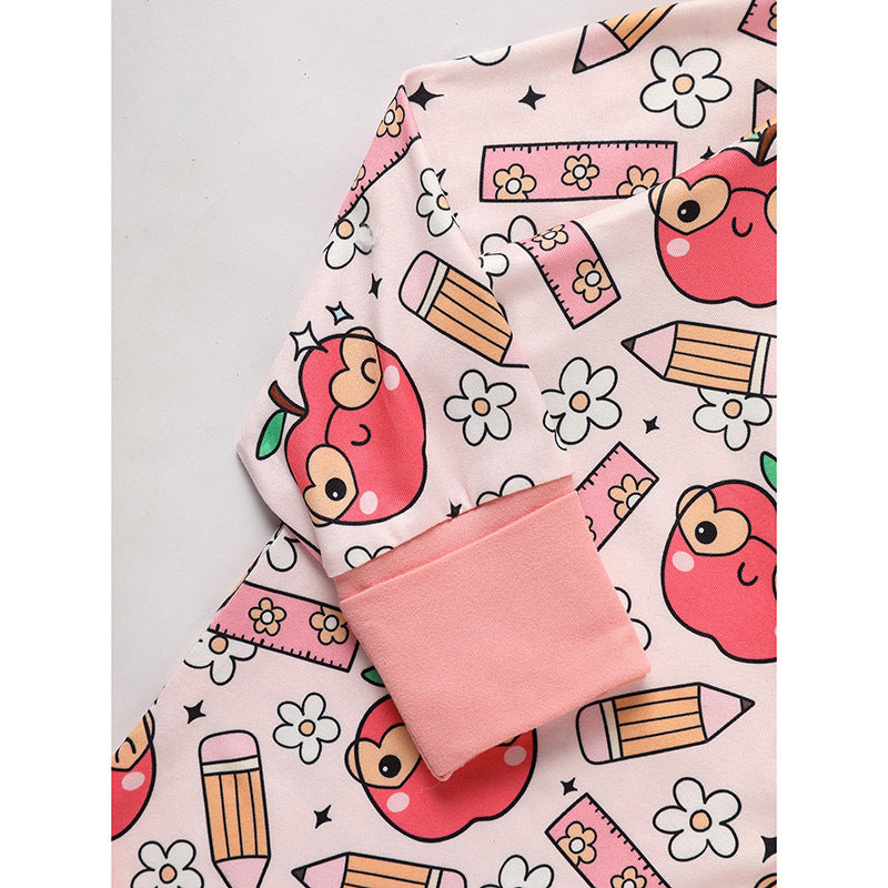 Adorable Infant Romper For Back To School Apple And Pencil Print Long Sleeve Jumpsuit Outfit