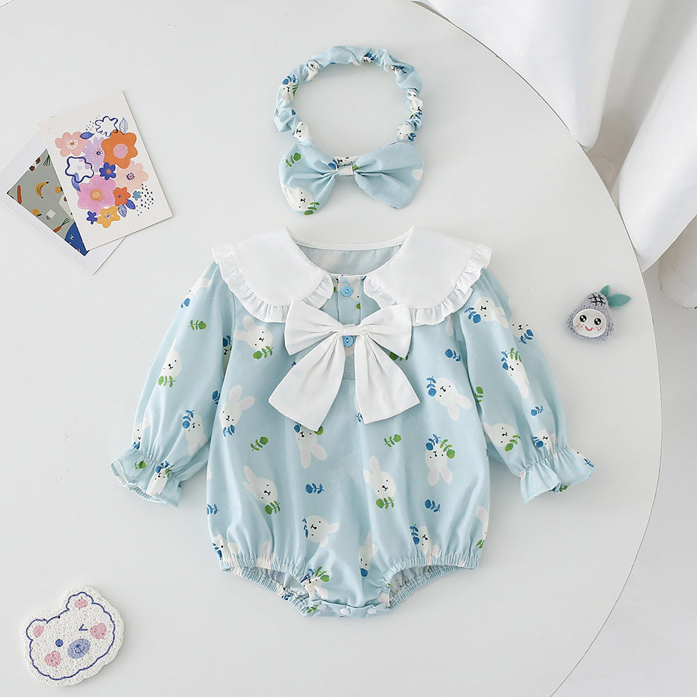 Blue Bunny Print Ruffle Collar Romper and Dress Set with Headband – Baby & Toddler Girl
