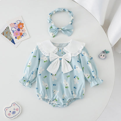 Blue Bunny Print Ruffle Collar Romper and Dress Set with Headband – Baby & Toddler Girl
