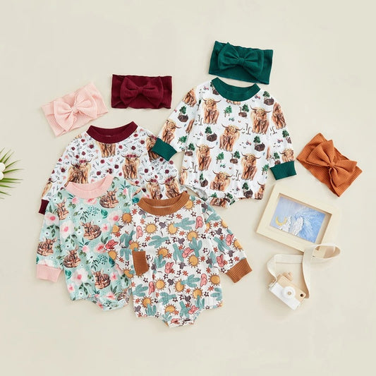 Baby Girl Printed Sweatshirt Bubble Romper & Bow Headband Set – Long Sleeve, Sizes Newborn–24 Months