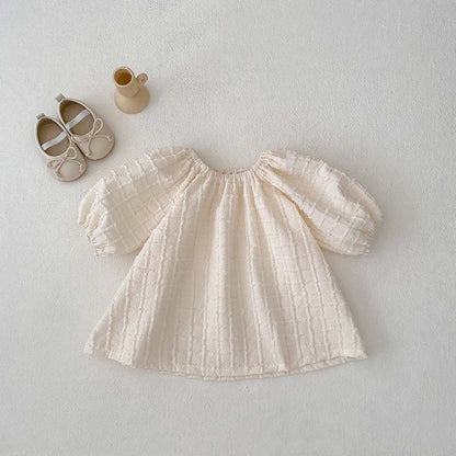 Girls' Textured Puff-Sleeve Romper & Dress Set – Soft Cotton Plaid for Babies & Toddlers