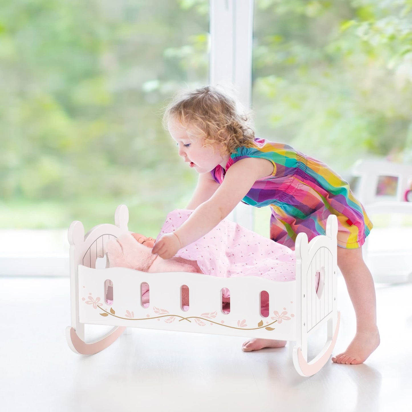 ROBOTIME Wooden Doll Cradle – Rocking Reversible Doll Bed (Fits Dolls up to 18")