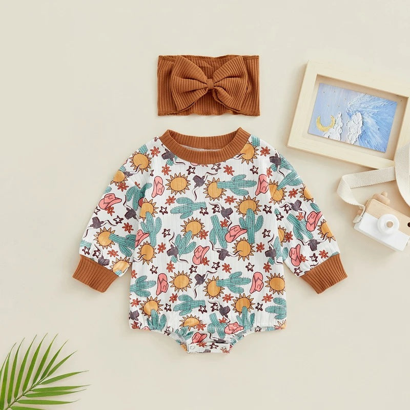 Baby Girl Printed Sweatshirt Bubble Romper & Bow Headband Set – Long Sleeve, Sizes Newborn–24 Months