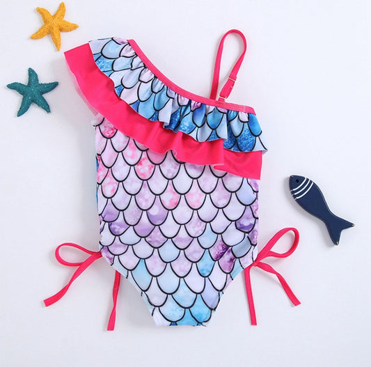 Girls' Mermaid Scale One-Shoulder Ruffle One-Piece Swimsuit