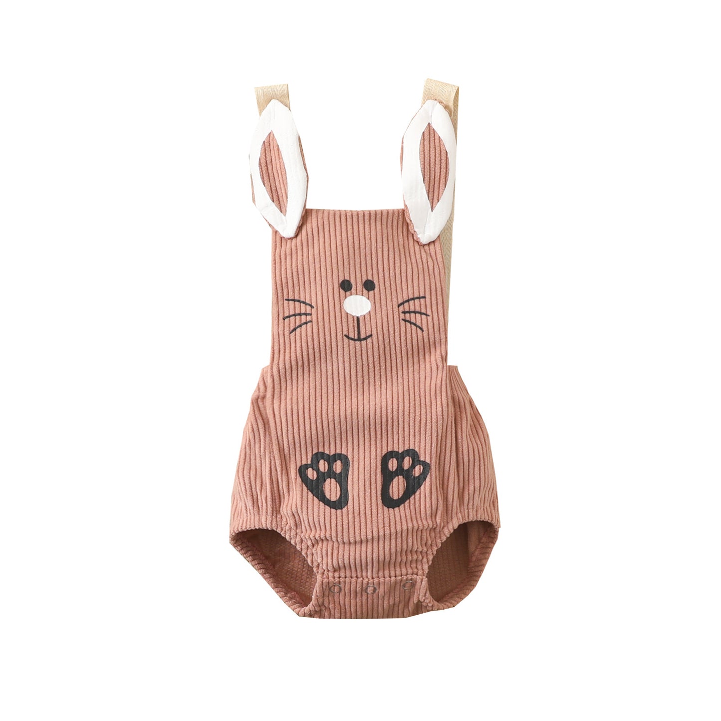 Baby Corduroy Bunny Romper with 3D Ear Straps | Snap-Close Sleeveless Bodysuit in Pink or Mustard