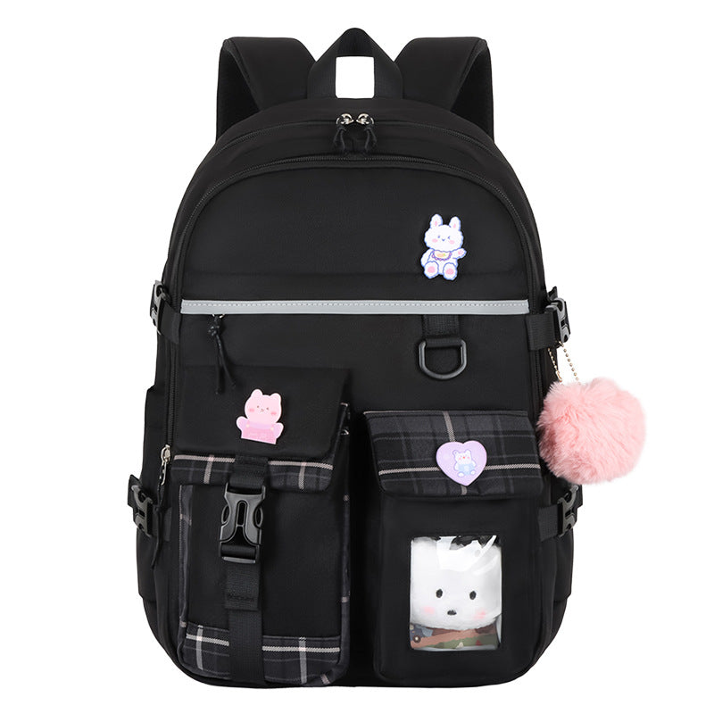 Cute Lightweight Kids School Backpack with Pockets + Pom-Pom Charm (Nylon)