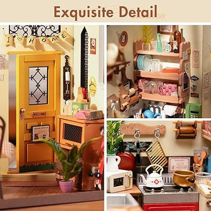 ROBOTIME Rolife Happy Kitchen Miniature Dollhouse Kit – DIY Wooden Room with LED Light (DG159)