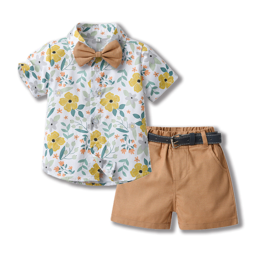 Toddler & Little Boys' Floral Button-Down Shirt & Shorts Set with Bow Tie and Belt – Sizes 3 Months–6 Years
