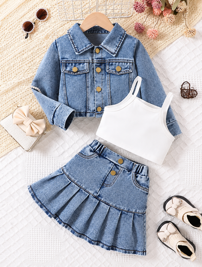 Pleated Denim Skirt & Cropped Jacket 3-Piece Outfit for Girls