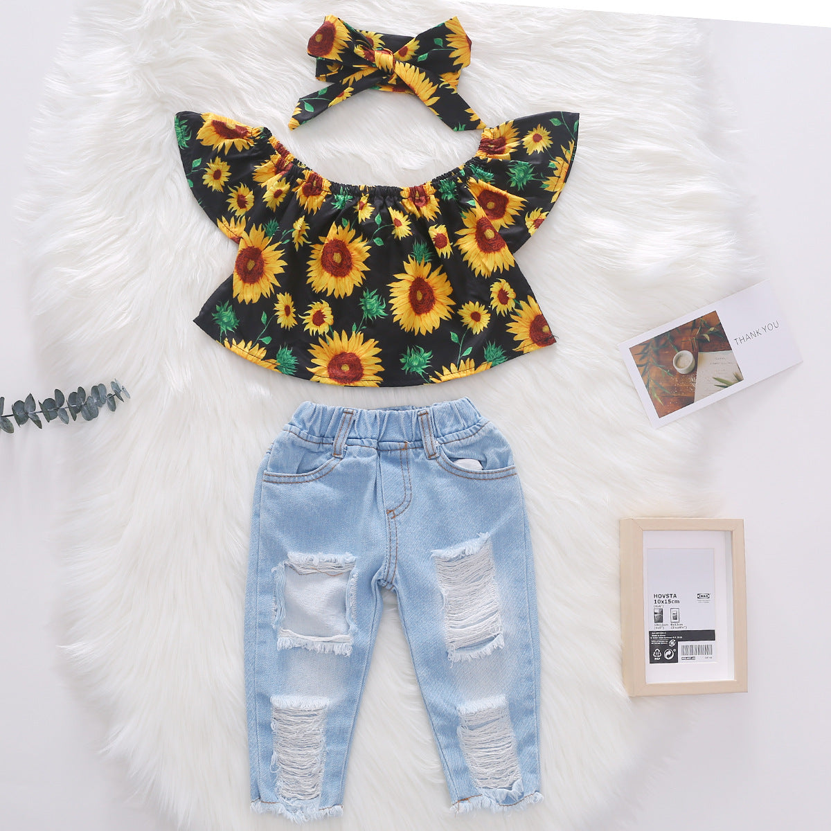 Sunflower 3-Piece Outfit Set for Girls (Top + Ripped Jeans + Bow Headband)