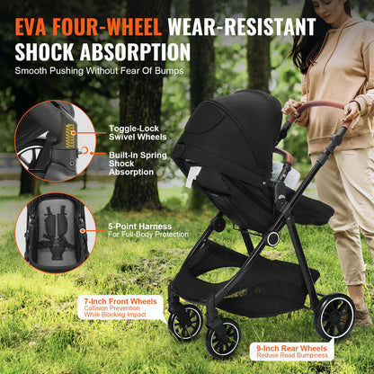Reversible Baby Stroller with Bassinet & Reclining Seat – Foldable Travel Stroller for Newborns to Toddlers
