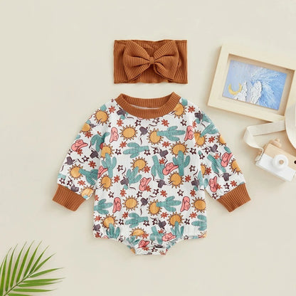 Baby Girl Printed Sweatshirt Bubble Romper & Bow Headband Set – Long Sleeve, Sizes Newborn–24 Months