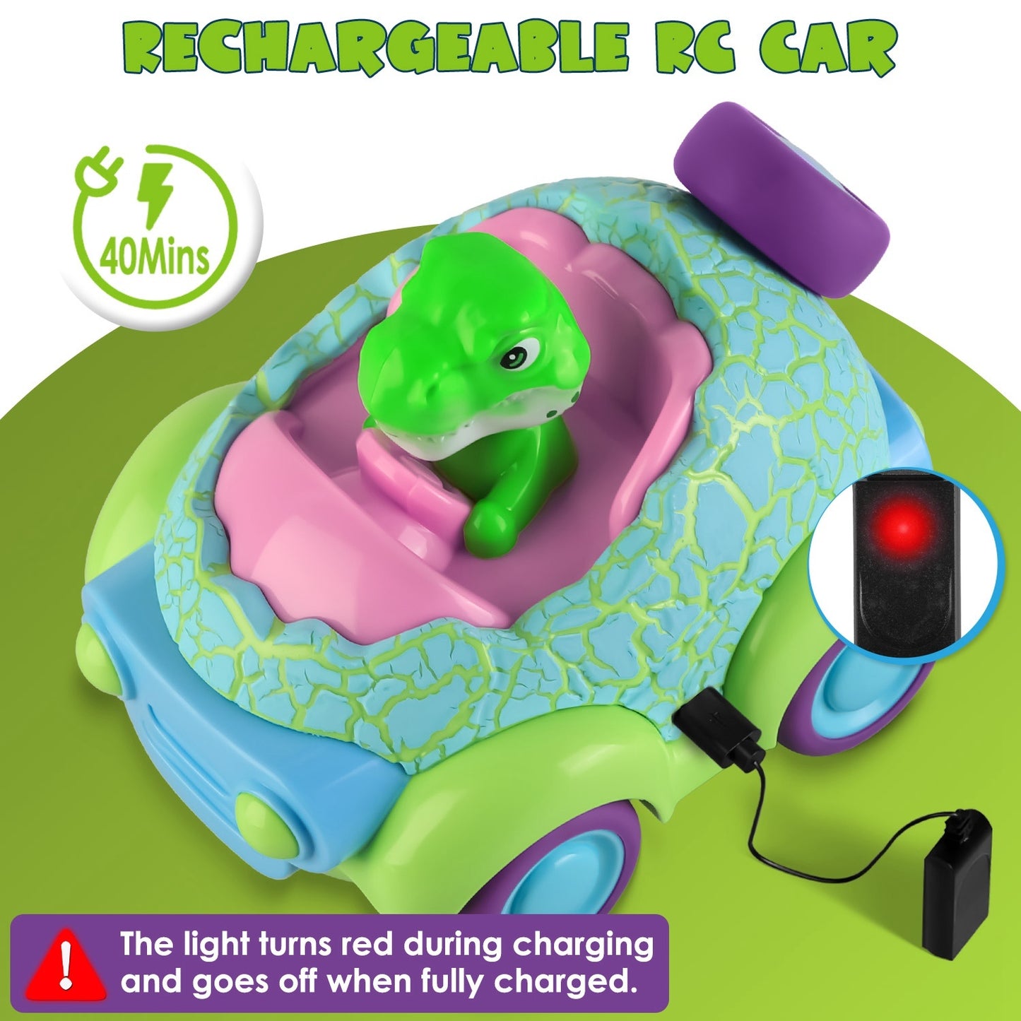 2-Pack Dinosaur RC Cars for Kids – Rechargeable Remote Control Cars with Lights & Music