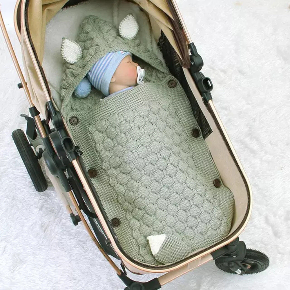 Fox Knit Baby Swaddle Blanket with Hood & Ears – Cozy Pram Sleeping Bag (0–12 Months)
