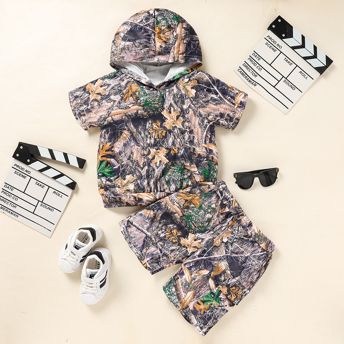 Toddler Baby Boy Camo 2-Piece Outfit – Short Sleeve Hoodie & Pocket Shorts