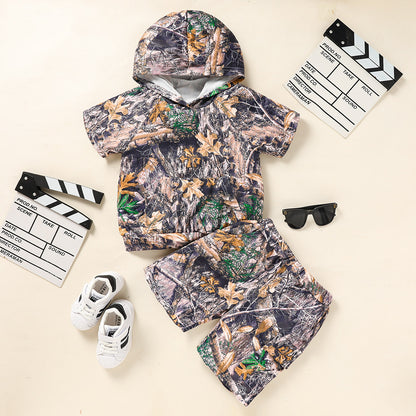 Toddler Baby Boy Camo 2-Piece Outfit – Short Sleeve Hoodie & Pocket Shorts