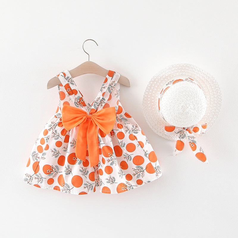 Baby Girl Polka Dot & Floral Print Sleeveless Dress with Sun Hat – Bow Back, Sizes 6 Months–4 Years