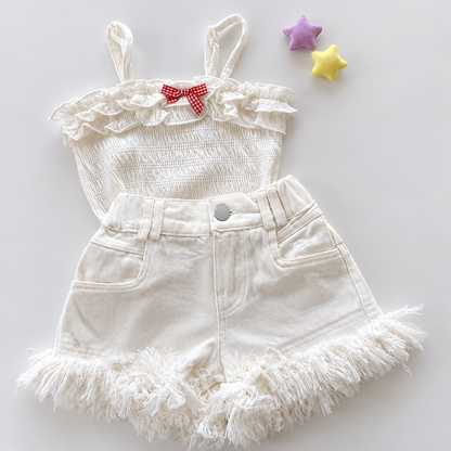 Fringe Hem High-Waisted Denim Shorts for Girls