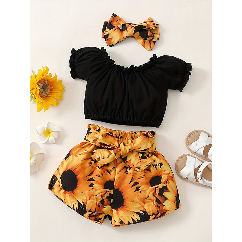 3-Piece Baby Outfit Set – Soft Short-Sleeve Top, Floral Shorts & Matching Headband