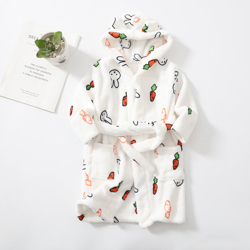 Kids' Hooded Fleece Bathrobe – Plush Flannel Robe with Pockets & Tie Belt, Cartoon Prints for Boys & Girls (2T–12 Years)