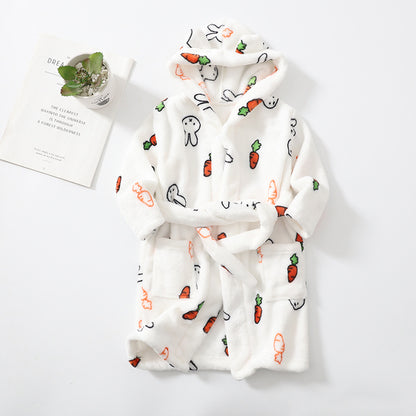 Kids' Hooded Fleece Bathrobe – Plush Flannel Robe with Pockets & Tie Belt, Cartoon Prints for Boys & Girls (2T–12 Years)