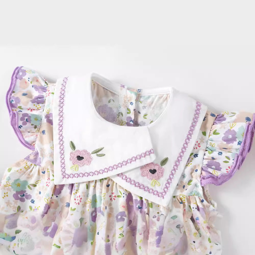 Embroidered Sailor Collar Flutter Romper – Baby Girl Floral & Polka Dot Summer Bubble Suit