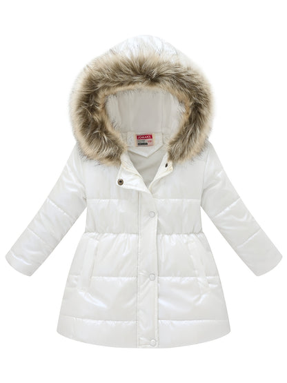 Girls’ Mid-Length Puffer Coat with Faux-Fur Hood (Winter Jacket)