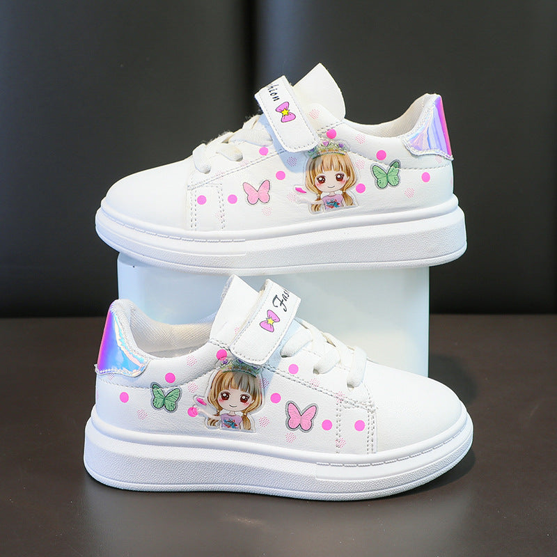 Girls White Cartoon Sneakers – Breathable Casual Shoes with Non-Slip Rubber Sole
