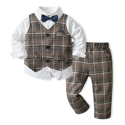 Boys' Long-Sleeve Shirt, Textured Waistcoat & Trouser Set | 3-Piece Bow Tie Suit in Stripe, Plaid & Solid