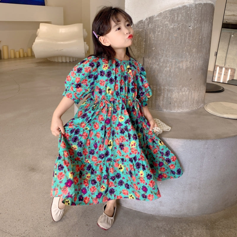 Girls' Teal Wildflower Puff-Sleeve Tiered Maxi Dress