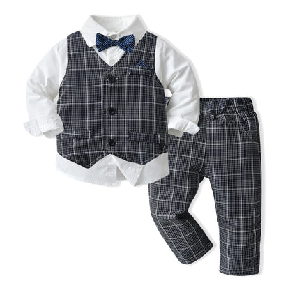 Boys' Long-Sleeve Shirt, Textured Waistcoat & Trouser Set | 3-Piece Bow Tie Suit in Stripe, Plaid & Solid