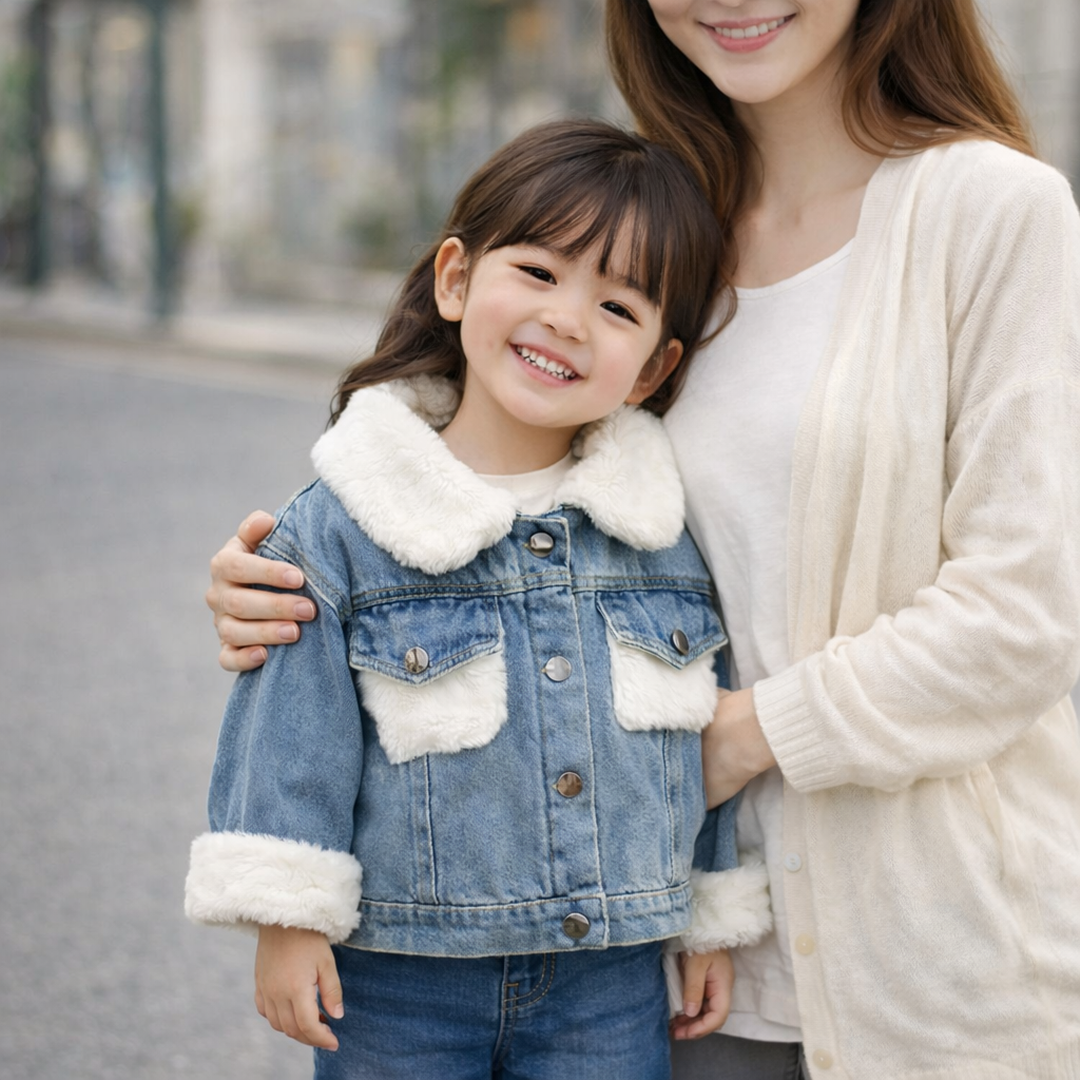 Girls Fleece-Lined Denim Jacket with Faux Fur Collar – Warm Winter Coat (1–6 Years)