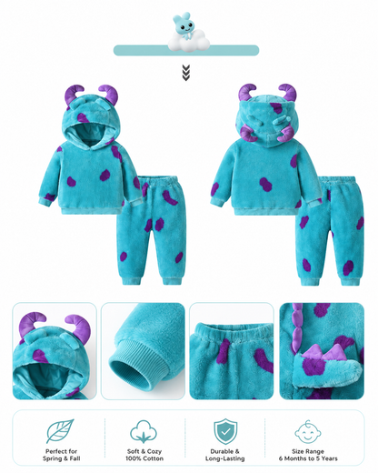Friendly Monster Fleece Hoodie & Pants Set for Toddlers – Teal Spotted Plush Loungewear with 3D Horns, Spikes & Tail