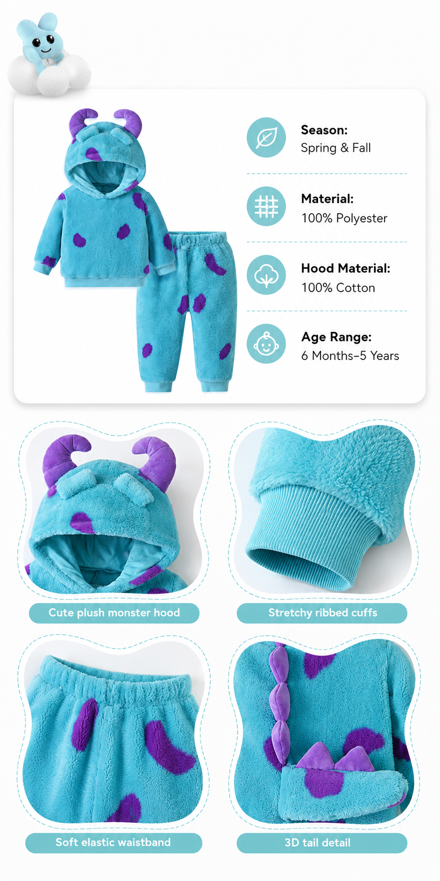 Friendly Monster Fleece Hoodie & Pants Set for Toddlers – Teal Spotted Plush Loungewear with 3D Horns, Spikes & Tail