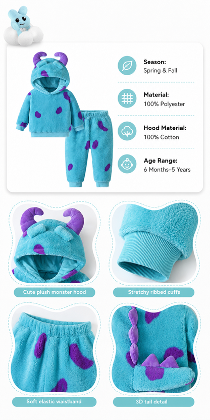 Friendly Monster Fleece Hoodie & Pants Set for Toddlers – Teal Spotted Plush Loungewear with 3D Horns, Spikes & Tail