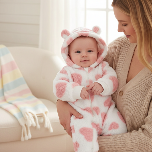 Heart Print Hooded Plush Baby Romper (Zip-Up)