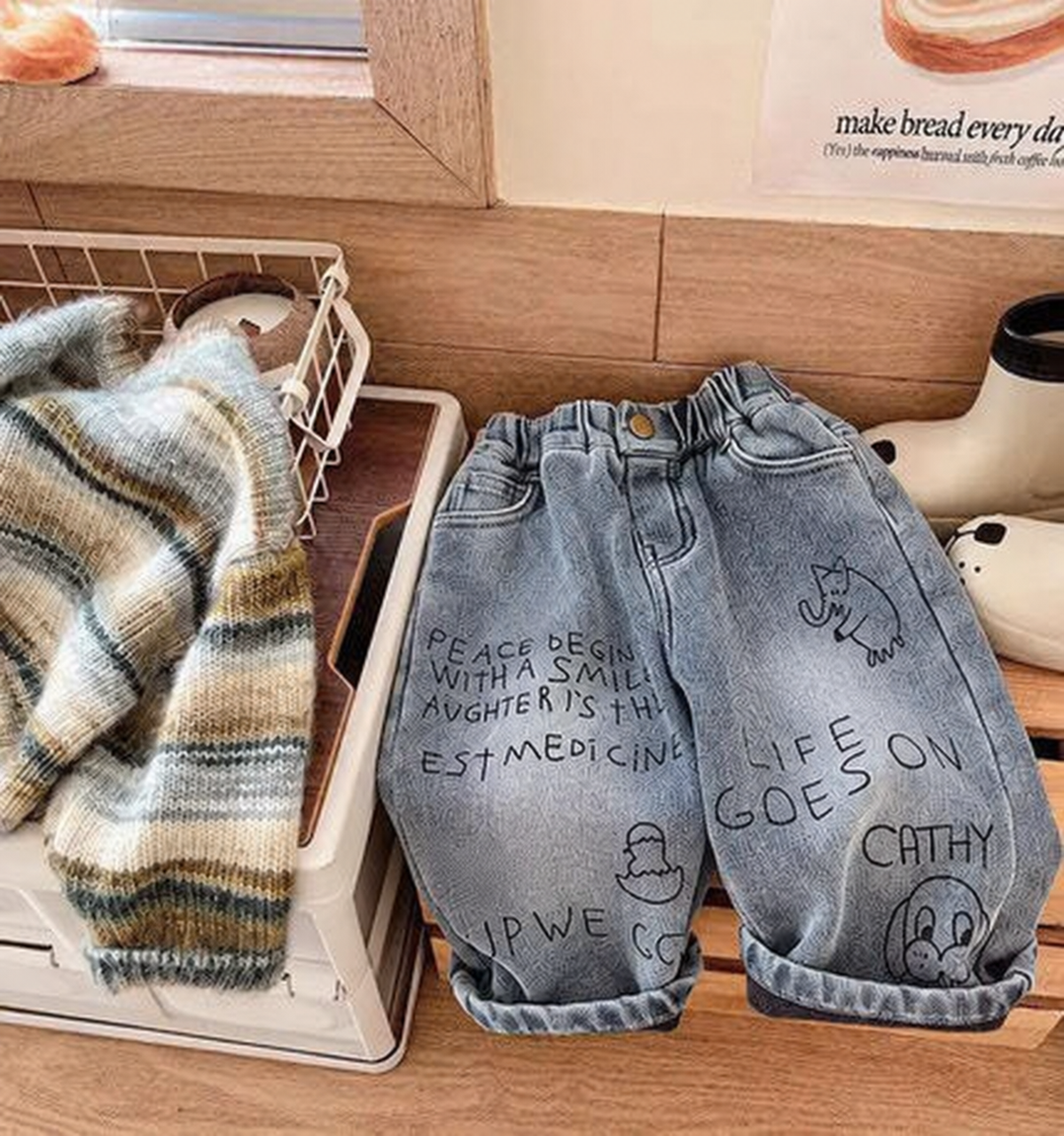 Washed Patch-Pocket Loose Jeans for Boys