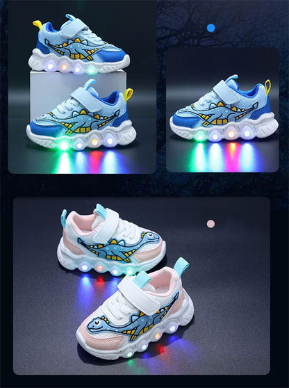 Kids Dinosaur LED Light-Up Sneakers with Hook-and-Loop Strap