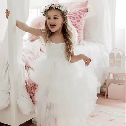 Lace Bodice Tiered Tulle Party Dress – Girls' Special Occasion Dress in Blush, White & More