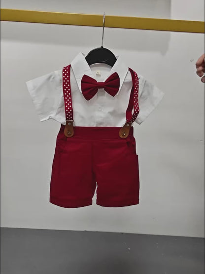 4-Piece Boys Formal Set – Bow Tie Shirt, Star Suspenders & Shorts for Weddings