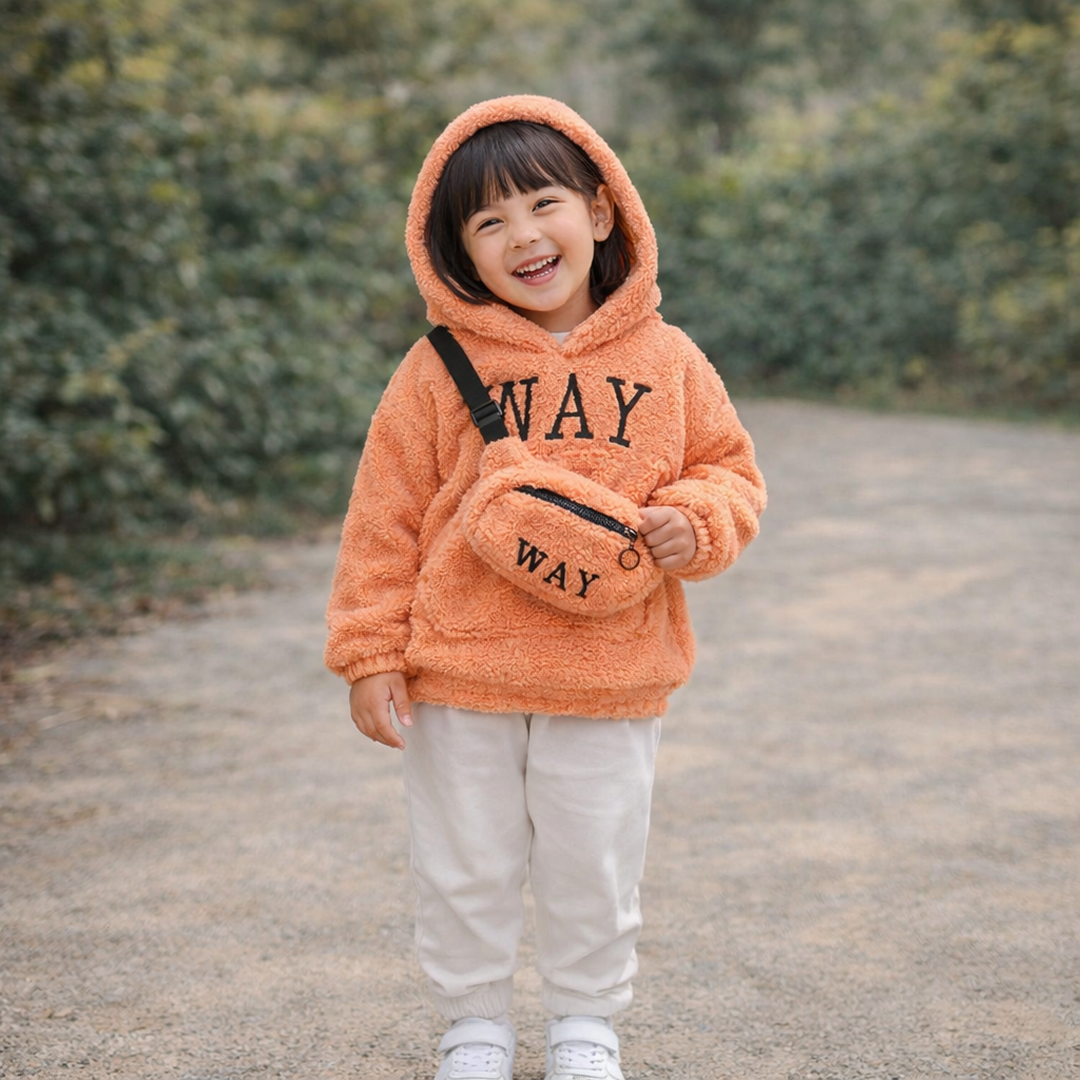 “WAY” Cozy Fleece Hoodie Set for Kids – Plush Hooded Sweatshirt with Matching Crossbody Bag