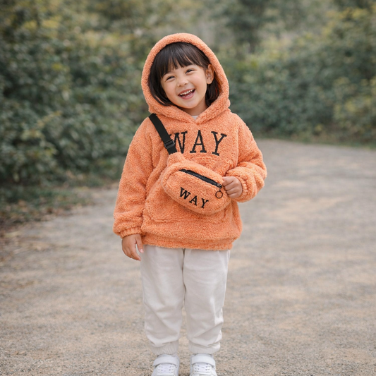 “WAY” Cozy Fleece Hoodie Set for Kids – Plush Hooded Sweatshirt with Matching Crossbody Bag